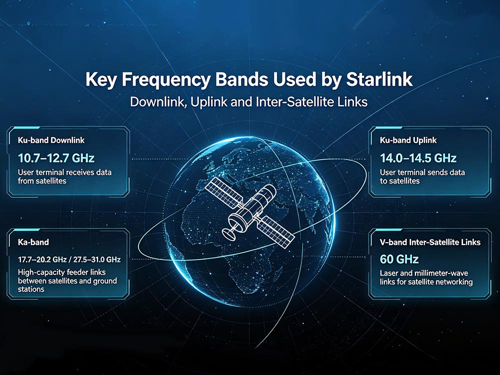 Discover what frequency does Starlink use for communication, from Ku to Ka and E-band. Includes uplink, downlink, and gateway allocation table.